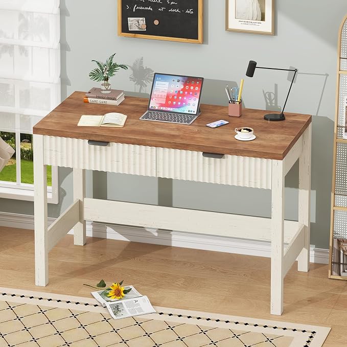 39 Inch Small Fluted Computer Desk with 2 Drawers for Bedroom, Home Office | Small Computer Desk with Storage, Compact Writing Study Desk for Small Spaces, Brown & White