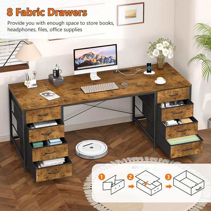 60 Inch Computer Desk with 8 Drawers for Home Office, Bedroom, Living Room | Home Office Desk with Power Outlets, Work Study Gaming Desk with 8 Fabric Drawers, White