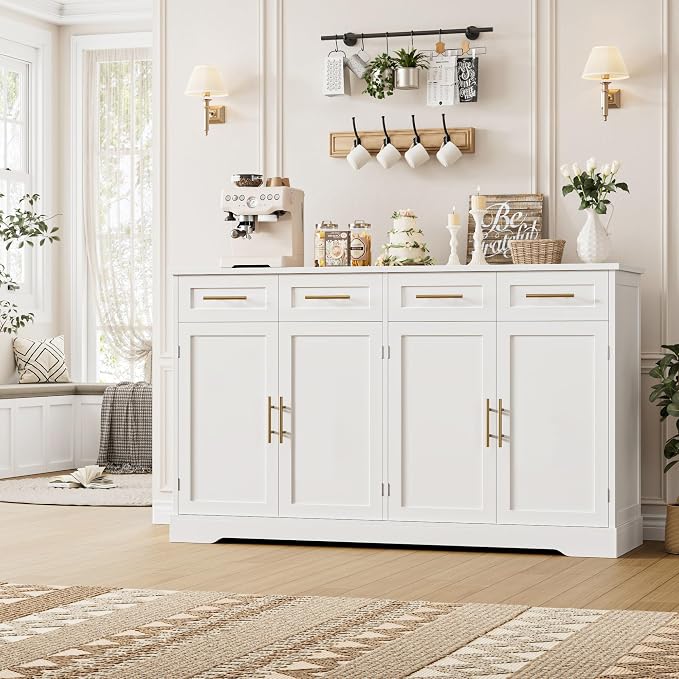 HOSTACK 60" W Sideboard Buffet Cabinet with Storage, Kitchen Cabinet, White | 36 Tall Kitchen Buffet Storage Cabinet with 4 Drawer, Large Coffee Bar Cabinet, Modern Buffet Table for Dining Living Room