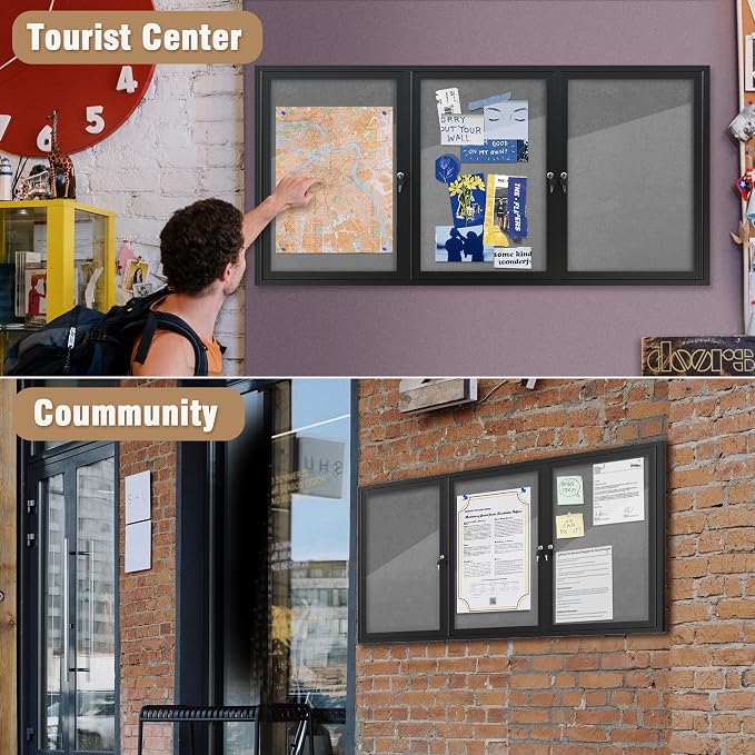 Mifuro 70"x34" Enclosed Bulletin Board, Outdoor Lockable Weather-Resistant Aluminum Cork Noticeboard for School & Office, Black Frame w/Grey Flet