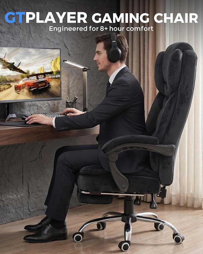 GTPLAYER Big and Tall Office Chair with Pocket Spring Cushion & Ergonomic Lumbar Support for Lower Back Pain Relief, High Back Computer Gaming Chair with Foot Rest, Soft Velvet Fabric, Black