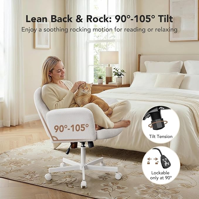 HUANUO Criss Cross Office Chair for Girls, Cross Legged Desk Chair with Adjustable Armrests, Soft Corduroy Fabric for Small Spaces, Home Office Computer Chairs for Petite Women, White