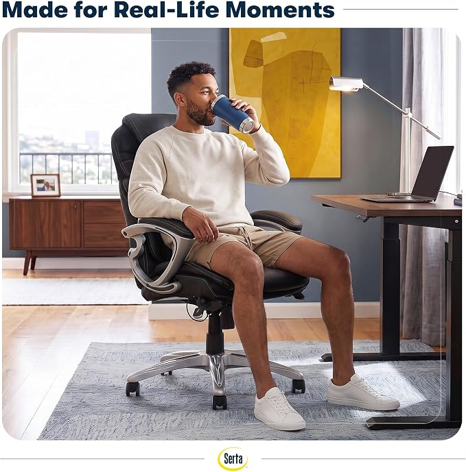 Serta Bryce Executive Office Chair - Ergonomic Computer DeskChair with Lumbar Technology - Adjustable Height - Memory Foam Body Pillows - 360° Swivel Rolling Base - Bonded Leather - Black
