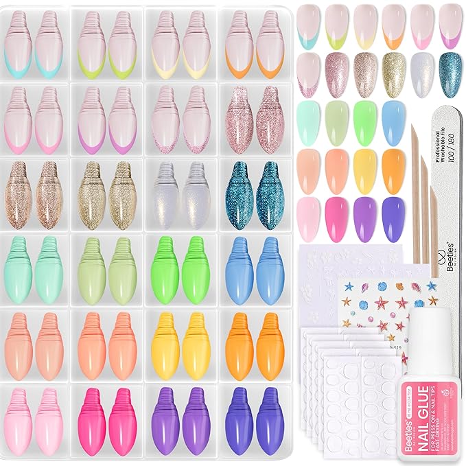 Beetles Press On Nails Kit - Chromatic Reverie | 720Pcs 24 Colors Short Almond Press On Nails | 15 Sizes French Glossy Glitter With Nail Glue & Nail Tabs Stickers, Fake Nails Kit Art For Women