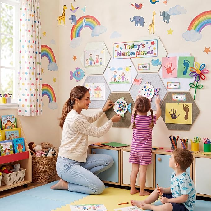 8 Pack Hexagon Felt Bulletin Board Tiles - 12" Large Thick Pin Board for Walls with 30 Push Pins, DIY Boards for Office Home School Decor, Aesthetic Hex Cork Board Alternative
