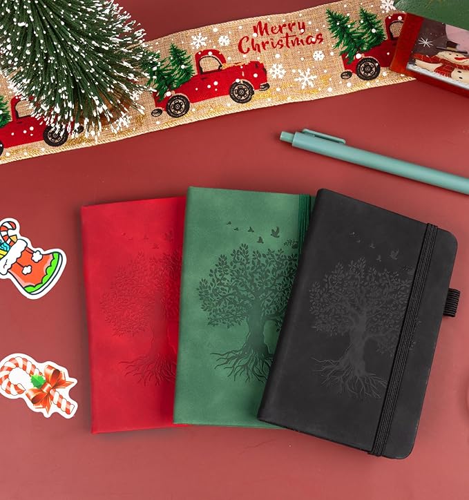 3 Pack Pocket Journaling Notebooks, A6 Small Notebook Total 360 Pages Journaling Notebooks For Note Taking Journals For Writing Mini Note Pads With Pen Holder 100 GSM Thick Paper Christmas Gifts(Green,Red,Black)