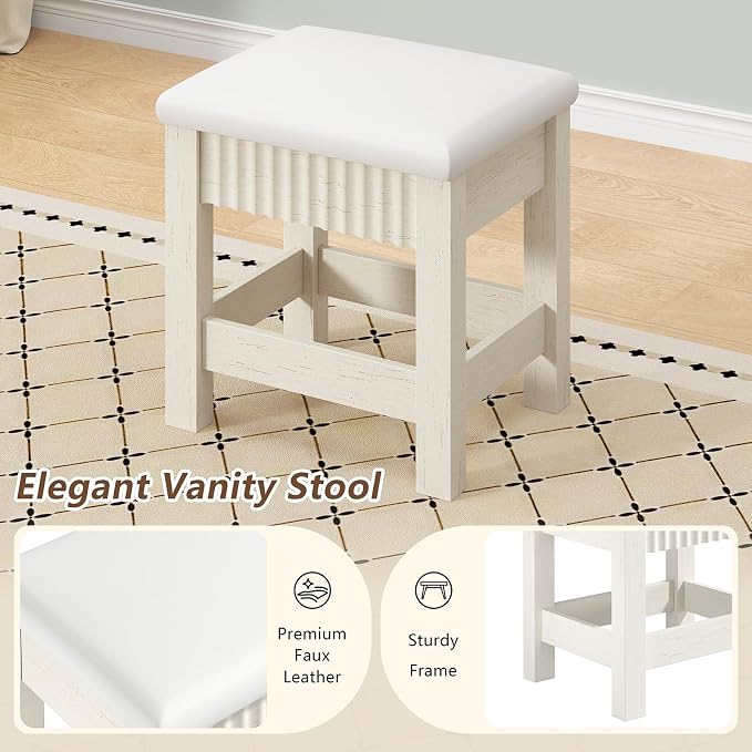 32 Inch Small Fluted Computer Desk with 2 Drawers & Stool for Bedroom | Vanity Desk with Stool, White Computer Desk with Storage, Compact Writing Study Table for Small Spaces