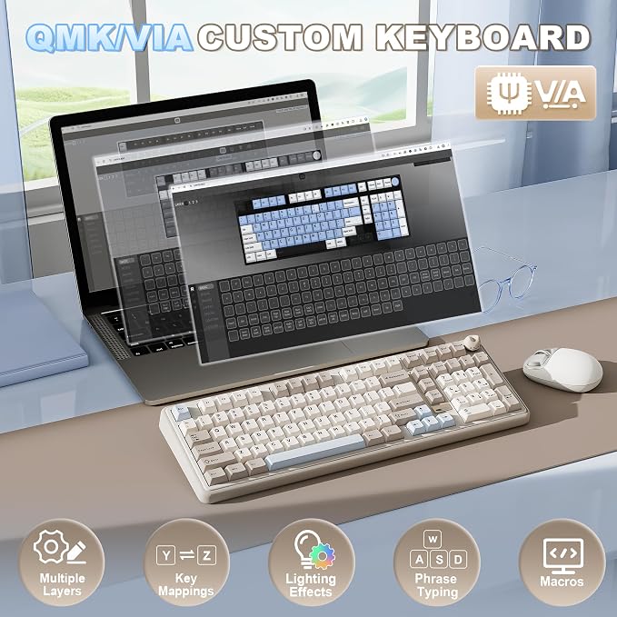 YUNZII B98 PRO 96% Wireless Mechanical Keyboard (Beige, Milk Switch) | QMK/VIA, with Numpad, Dual-Style Knob Design, Creamy Pre-Lubed Switches, Hot Swap, Gasket Mount, RGB for Gaming/Win/Mac