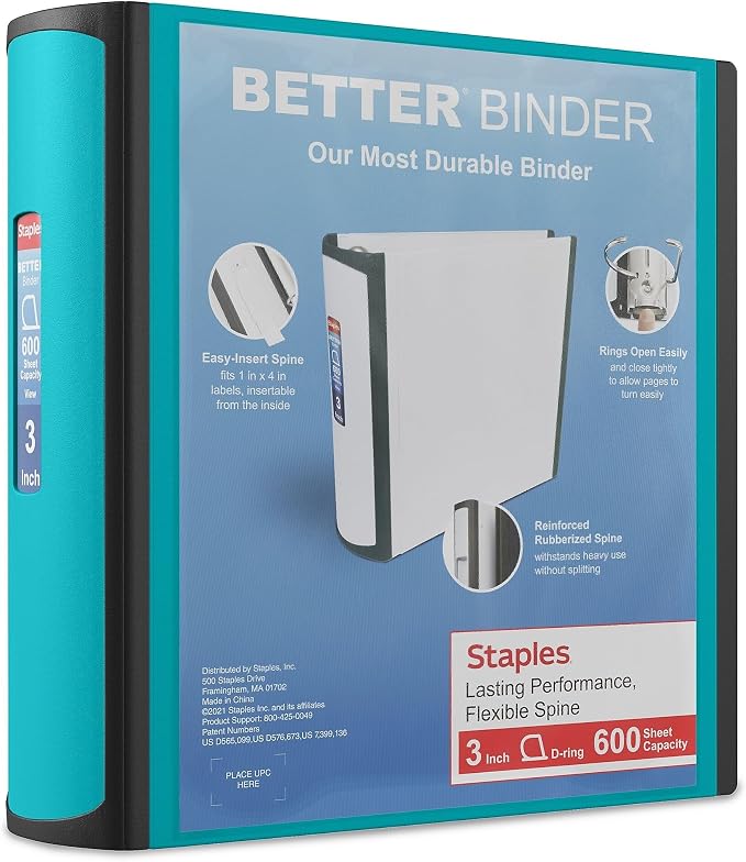 Staples 3-Inch 3-Ring Better Binder, Durable View Binder for Office & School Organization, Light Blue, 2-Pack