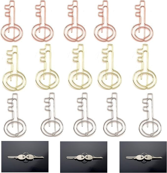 20 Pcs Metal Key-Shaped Paper Clips Set - Gold, Silver, & Rose Gold - Cool Paperclips for Office and School File Organization