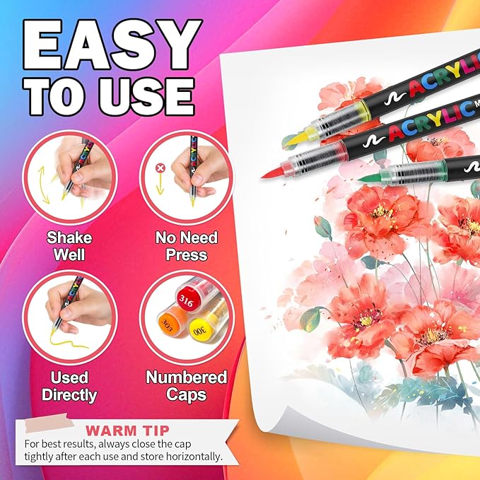 Acrylic Markers Set,72 Colors Acrylic Paint Markers Brush Tip,Vibrant Acrylic Paint Pens for Wood,Paper,Plastic,Glass,Fabric,Automatic Ink Control marcadores acrílicos (72 Colors)
