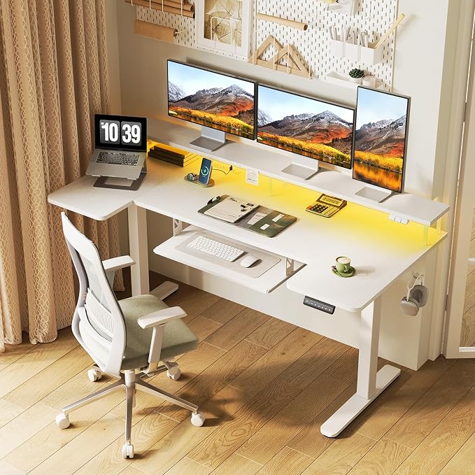 63 Inch U Shaped Electric Standing Desk with Keyboard Tray, White | Power Outlet, Monitor Stand, LED Light, 3 Presets, 28.3"-46.5"in Range, 154 lb Capacity