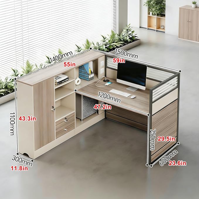 Modern Office Workstation Desk with Side Storage Cabinet, Tempered Glass Privacy Panels, USB Charging Hub & Cable Management, Modular Cubicle Desk for Office Work (C - Left, 1P)