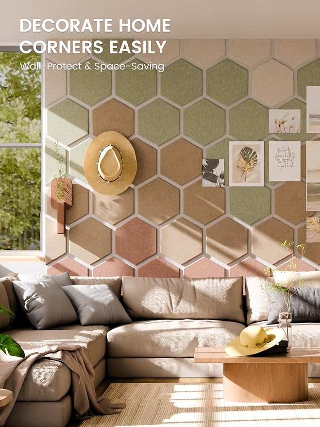 Fluxynara 8-Pack Hexagon Felt Bulletin Board Tiles, Boho-1 | Cork Board Alternative with 50 Adhesive Tabs for Notes, Photos and Reminders in Home Offices, Dorm and Classrooms