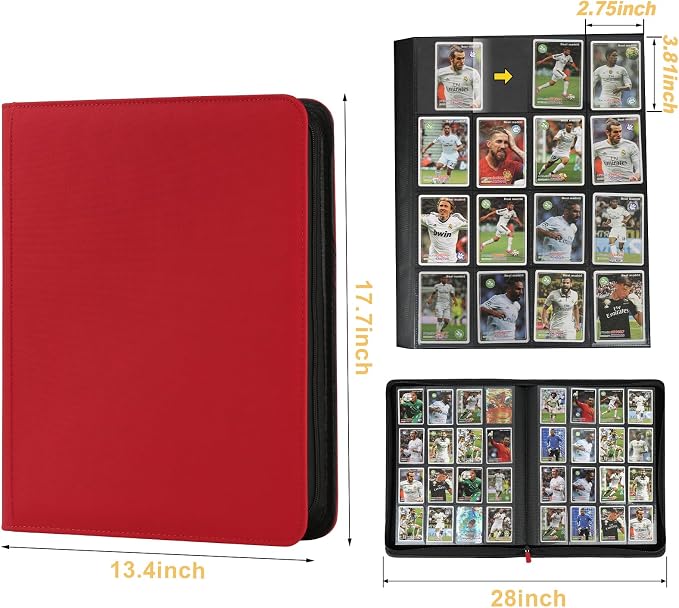 16 Pocket Ringless Side Loading Trading Card Binder, 1024 Cards PU Fixed Page Zipper Card Album for TCG Sports Game Cards, Not Fit Top Loaders (Red)