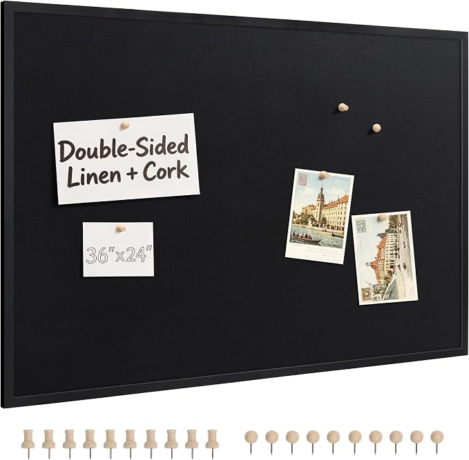 SELEAD Double-Sided Linen and Cork Bulletin Board (36"x24", Black) | 2-in-1 Fabric Linen & Cork Pinboard, White Wood Frame Wall Decor Photo Display Vision Board for Home Family, Office, Business