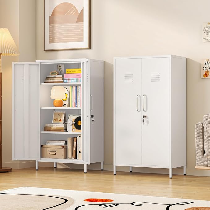 Metal Storage Locker,47" H Home Office Storage Lockers for Employees with 2 Locking Door ＆ 3 Adjustable Shelves,File Storage Cabinets forGarage, School, Office, Gym (White)