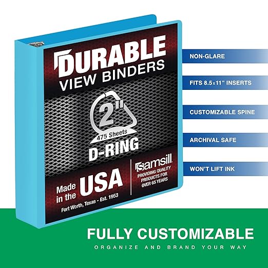 Samsill Durable 2 Inch Binder, D Ring Binder, Customizable Clear View Cover, Sky Blue, Holds 475 Pages