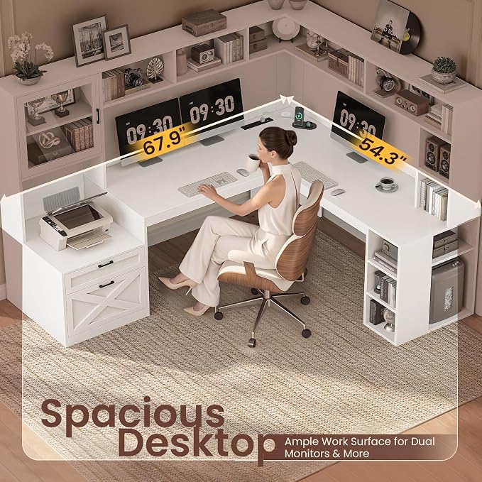 SEDETA Farmhouse L Shaped Office Desk with Drawers (White, l Shaped Desk with Double Hutch)