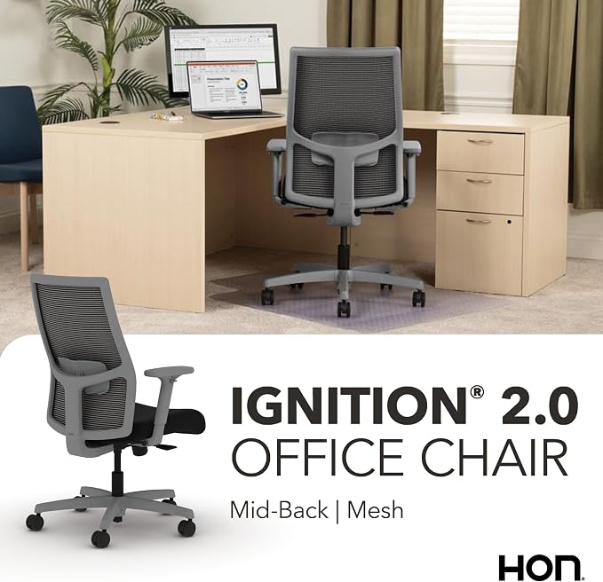 HON Ignition 2.0 Ergonomic Office Chair, Lumbar Support, Black | Ergonomic office desk chair with lumbar support, adjustable arms, office decor, workstation comfort for focused productivity