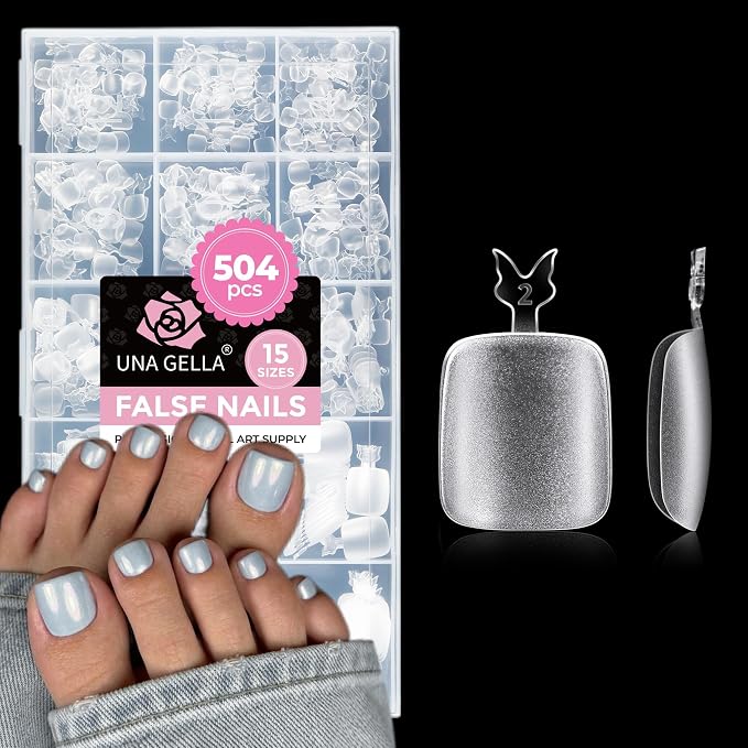 UNA GELLA Toe Nail Tips 504Pcs - Full Cover Matte Squavol Toe Nails Soft Gel Pre-file Gel Toe Nail Tips For Toe Nail Extensions Home DIY Nail Salon Soak Off 15 Sizes