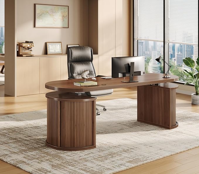 SEDETA 57" Standing Desk with Storage, Electric Height Adjustable Executive Fluted Desk with Curved Cabinets, Computer Desk with Power Strip for Home Office, Brown