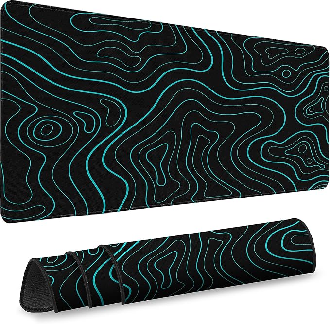 Gaming Desk Mat with Silky Smooth Surface & Exquisite Patterns,31.5x11.8 Inches Large-Sized Mouse Pad, Perfect for Extended Gaming,Work,and Home Office Decor (Blue Topographic Lines)