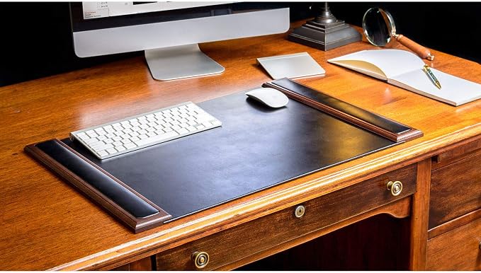 DACASSO Wood & Leather Desk Pad - Luxury Leather Desk Blotter for Writing - Padded Executive Desk Surface Protector - (Walnut & Black, 25.5” x 17.25”)