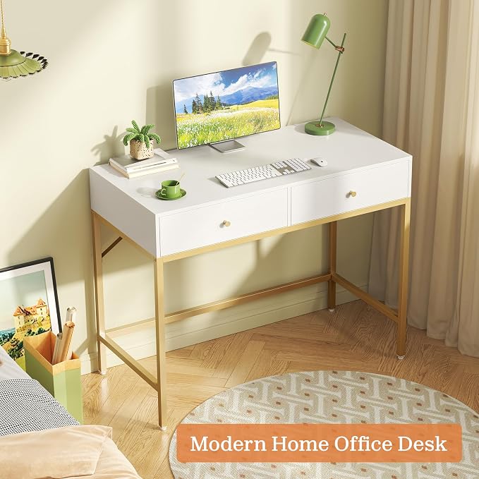 SUPERJARE 31.5" White and Gold Desk with 2 Drawers, Modern Vanity Desk | Small Makeup Table for Home Office Writing Study Bedroom