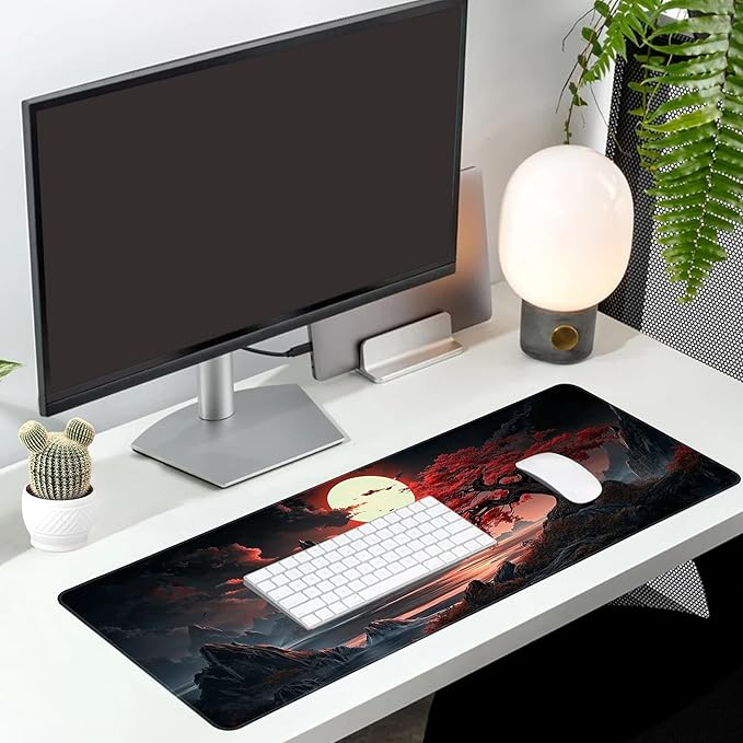 Long Gaming Mouse Pad Extended Anime Large Desk Pad with Non-Slip Base Full Keyboard Mat with Stitched Edges for Gaming and Office 31.5 x 11.8 inches (Night Cherry Blossom)