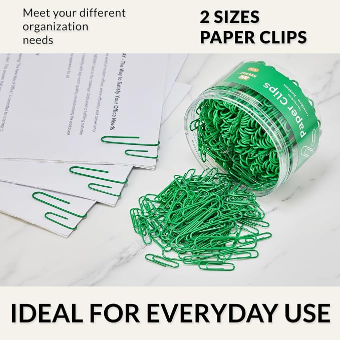 NEEWAY 450pcs Paper Clips Assorted Sizes, Small and Large Paper Clips (1.1 inch, 2 inch), Coated Paperclips for Office School Document Organizing (Green)