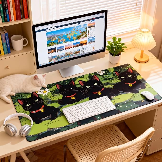 Cute Anime Black Cat Gaming Mouse Pad, Forest Green Anime Desk Mat with Anti-Slip Base & Stitched Edges, Office & Home Desk Decor for Women, 35.4" x 15.7" in Computer Desktop Mat