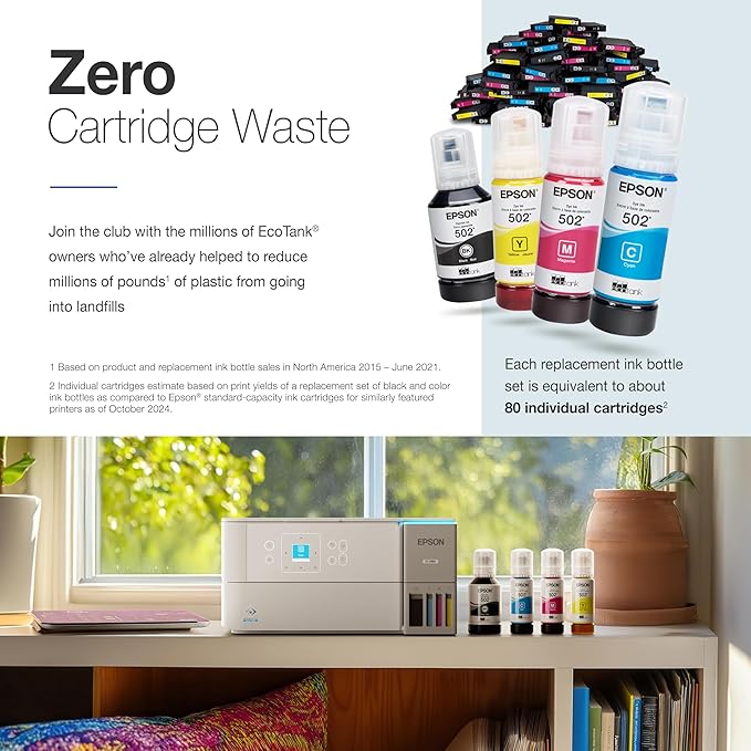 Epson EcoTank ET-2980 Wireless All-in-One Color Supertank Printer with up to 3 Years of Ink Refillable Tanks, Perfect for Home, 15 PPM, 1.44" Colorful Screen, Auto 2-Sided Printing - White