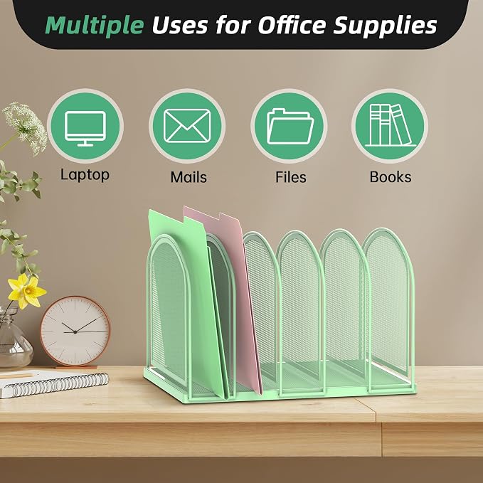 5-Section File Organizer for Desk, Metal File Folder Holder, Mint Green | 5 Vertical Compartments with Sturdy Metal Base for Office Documents Books Magazines and Laptop