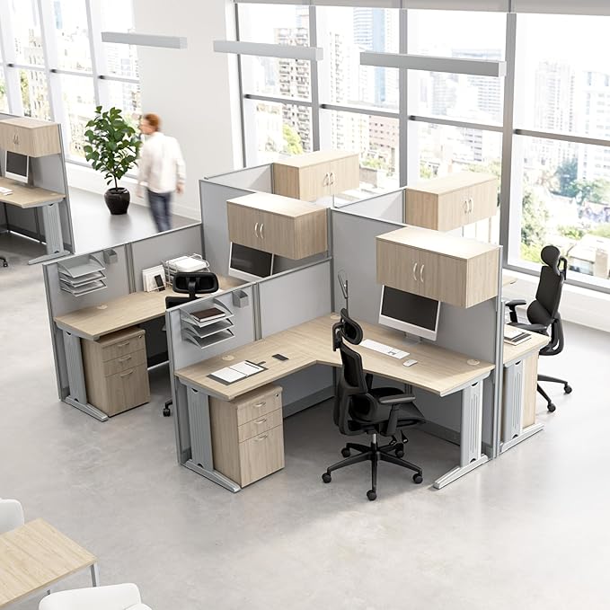Bush Business Furniture 65-inch L Shaped Cubicle Desk with Storage, Drawers, and Organizers, Single Workstation, Office in an Hour Collection, Natural Elm