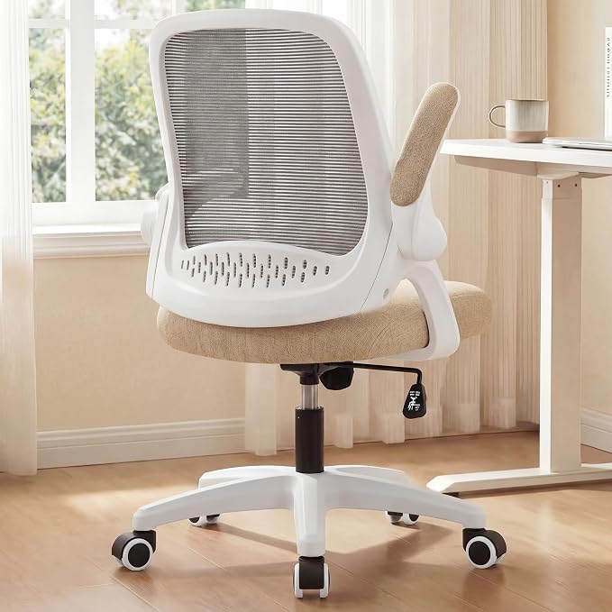 NEO CHAIR Office Desk Chair, Ergonomic Mesh with Flip-Up Armrests, Beige | Lumbar Support, Height Adjustment, 360° Swivel and Rolling Base, Space-Saving Design for Home Office, Vanity or Study