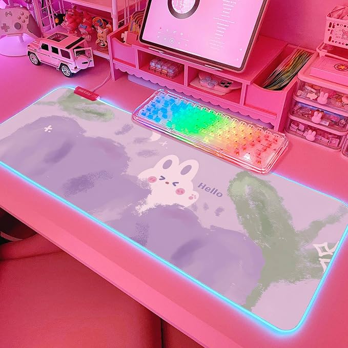 JMIYAV Pink RGB Gaming Mouse Pad 31.5x12 Inch Cute Mousepad PC XL Large Extended Glowing Led Light Up Desk Pad Non-Slip Rubber Base Computer Mat Desk Accessories Gaming Setup Purple Tulip Bunny