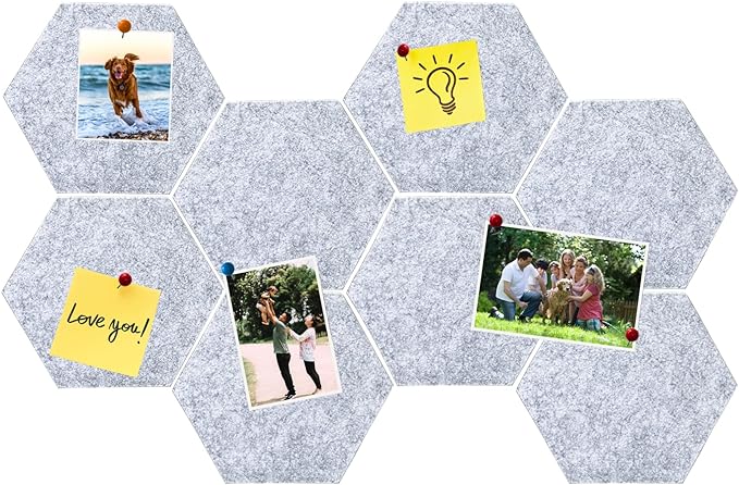 8Pcs Hexagon Felt Cork Board Tiles, Self Adhesive DIY Bulletin Board Pin Board for Office School Home Wall Decor Memos Photos Display (Light Grey)