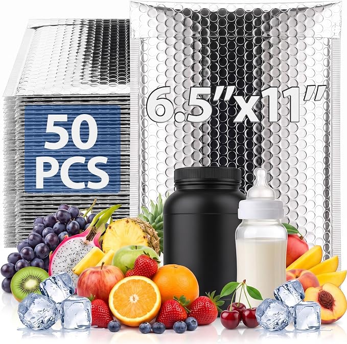 50 Pack 6.5 x 11 Inch Insulated Bubble Mailers, Silver | Self Adhesive Closure, Foil Lined Interior, Padded Cushioning, Waterproof, Cold Delivery Packing, for Food and Cosmetics