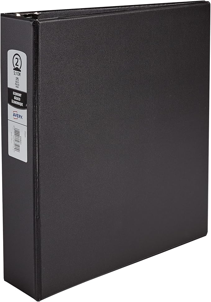 Avery Standard 3 Ring Binder,2" Round Rings,375-Sheet Capacity,2.8 Inch Wide Spine,1 Black Binder,Ideal for Lightweight Organization and Occasional Referencing (03501),(Pack of 12)