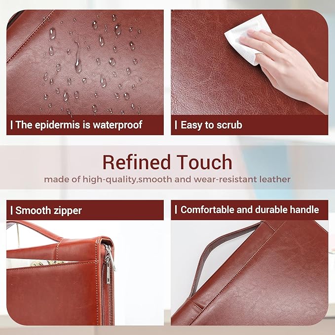Faux Leather Portfolio with Handle – 3-Ring Padfolio Organizer for 13.9" Laptop/Tablet, A4 Legal Pad Holder, Multi-Pocket Business Folder for Work, Office & Meetings & Daily Commute (Brown)