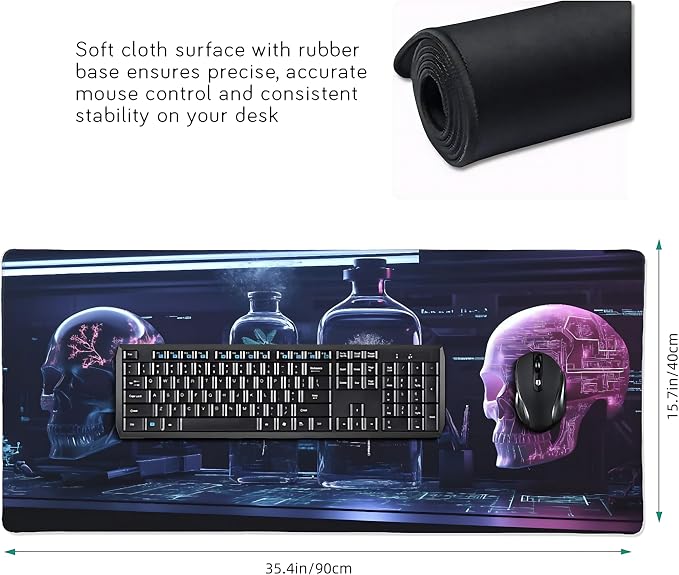 Aesthetic Skull Gaming Mouse Pad, Purple Cyber Desk Mat with Anti-Slip Base & Stitched Edges,35.4" x 15.7" in Table Mat for Computer Desktop, Beautiful Workstation Decor