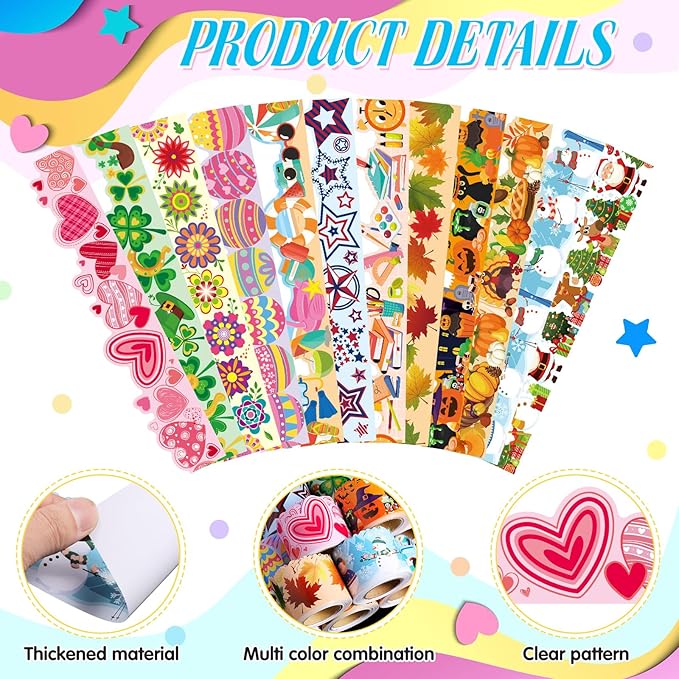 Geyee 12 Rolls 394 ft Holiday Bulletin Board Borders Seasonal Bulletin Board Decorations Easter Summer Trim for School Classroom Wall Decor