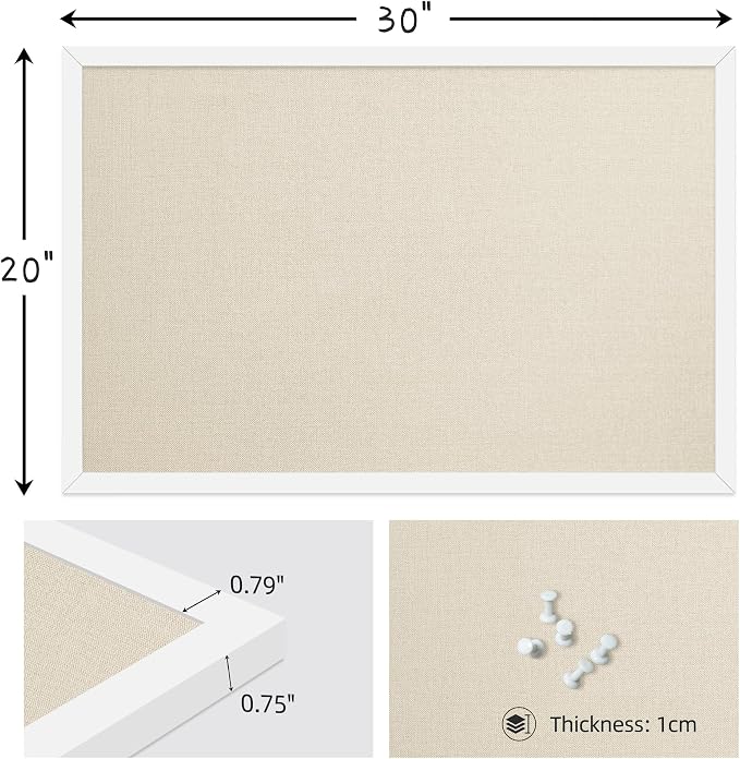 20"x30" White Framed Natural Wood Tone Bulletin Board, Pin Board | Linen corkboard texture. Premium cork boards for walls and pin board office organizer.