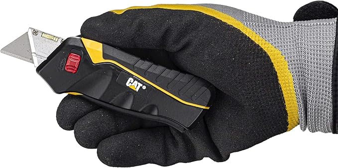 Cat Safety Utility Knife Box Cutter Self-Retracting, Squeeze Handle to Extend, Release to Retract, Lock Open w/Switch, Ergo Handle w/ 3 Safety-Tip Blades That Store Inside - 240071
