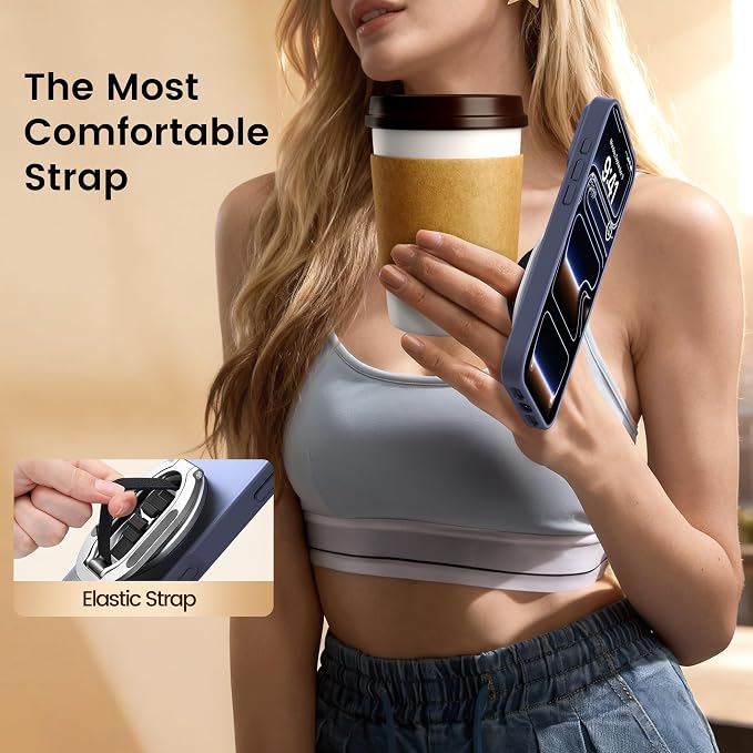 Foldable Double Sided Magnetic Phone Grip Kickstand for Magsafe | Phone Ring Holder with Finger Loop Strap , Compatible with MagSafe iPhone 12-17 Series and MagSafe Cases, Desk Stand, Silver
