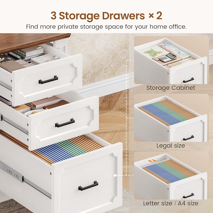 SEDETA Farmhouse 110.3" Two Person Desk with 7 Drawers, Long Computer Desk with Storage Cabinet, 2 Person Desk with Power Outlets for Home Office, White+Brown