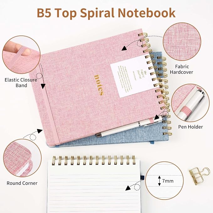 B5 Top Spiral Notebook, 192 Pages College Ruled Journal | 7.36" x 9.84" Fabric Hardcover Steno Pads, Elastic Band & Pen Holder 100GSM Thick Paper for School, Travel, Daily Writing