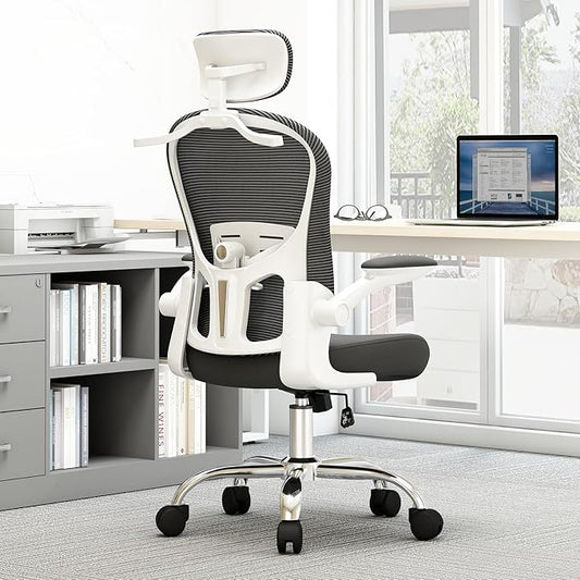 Ergonomic Office Chair - Adjustable Lumbar Support, Headrest, High Back Mesh Desk Chair for Office and Home, 90-120° Reclining Computer Chair with Flip-Up Arms (Panda)