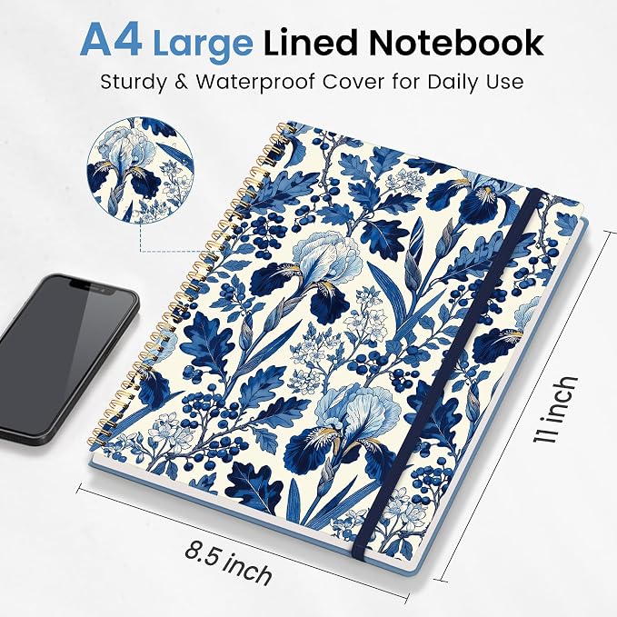Large Spiral Lined Journal for Women and Men, Notebook for Work | Blue Heirloom 8.5" x 11" Notebooks for Note taking, Writing & Journaling, College Ruled Pages, Plastic Cover